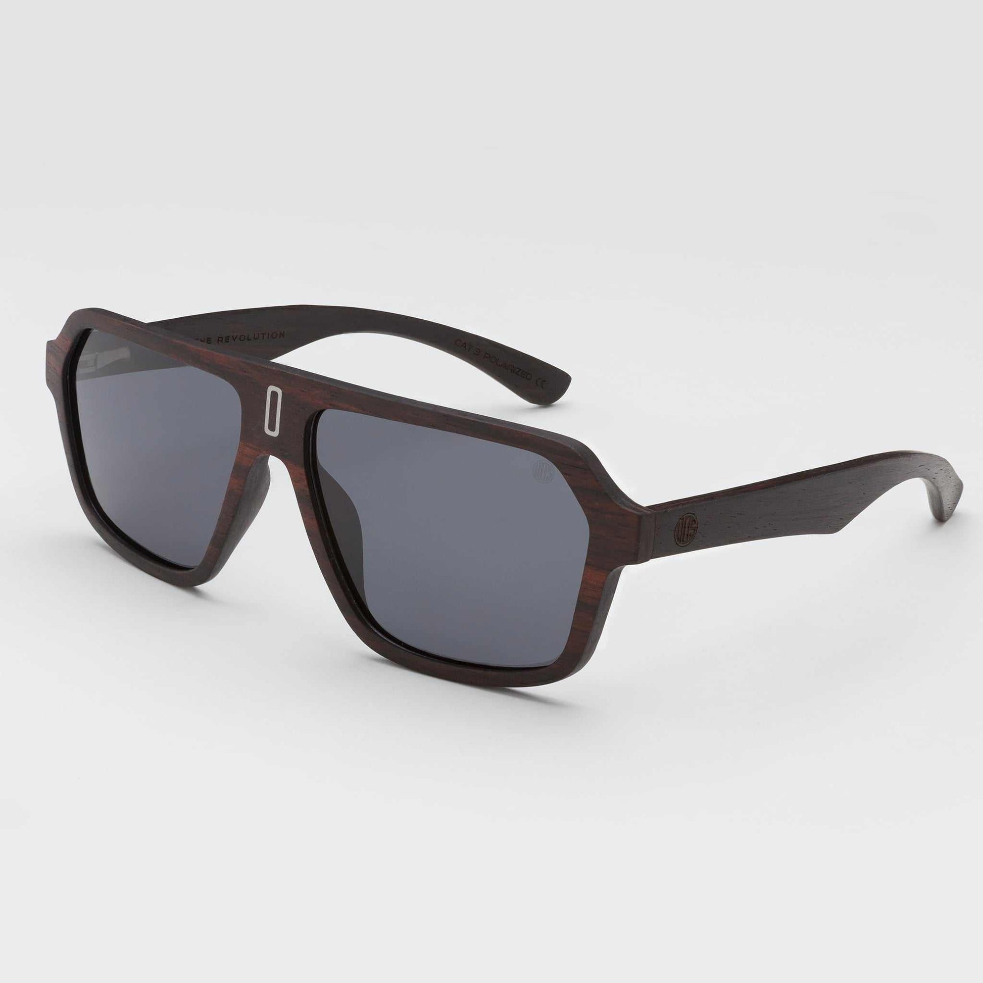 Mavericks sunglasses with dark gray lenses and dark wood-style frames