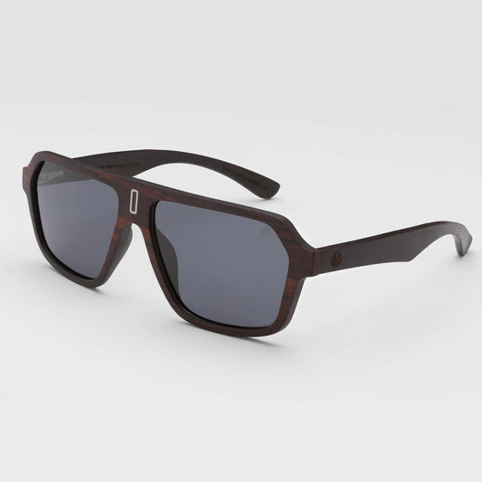 Mavericks sunglasses with dark gray lenses and dark wood-style frames