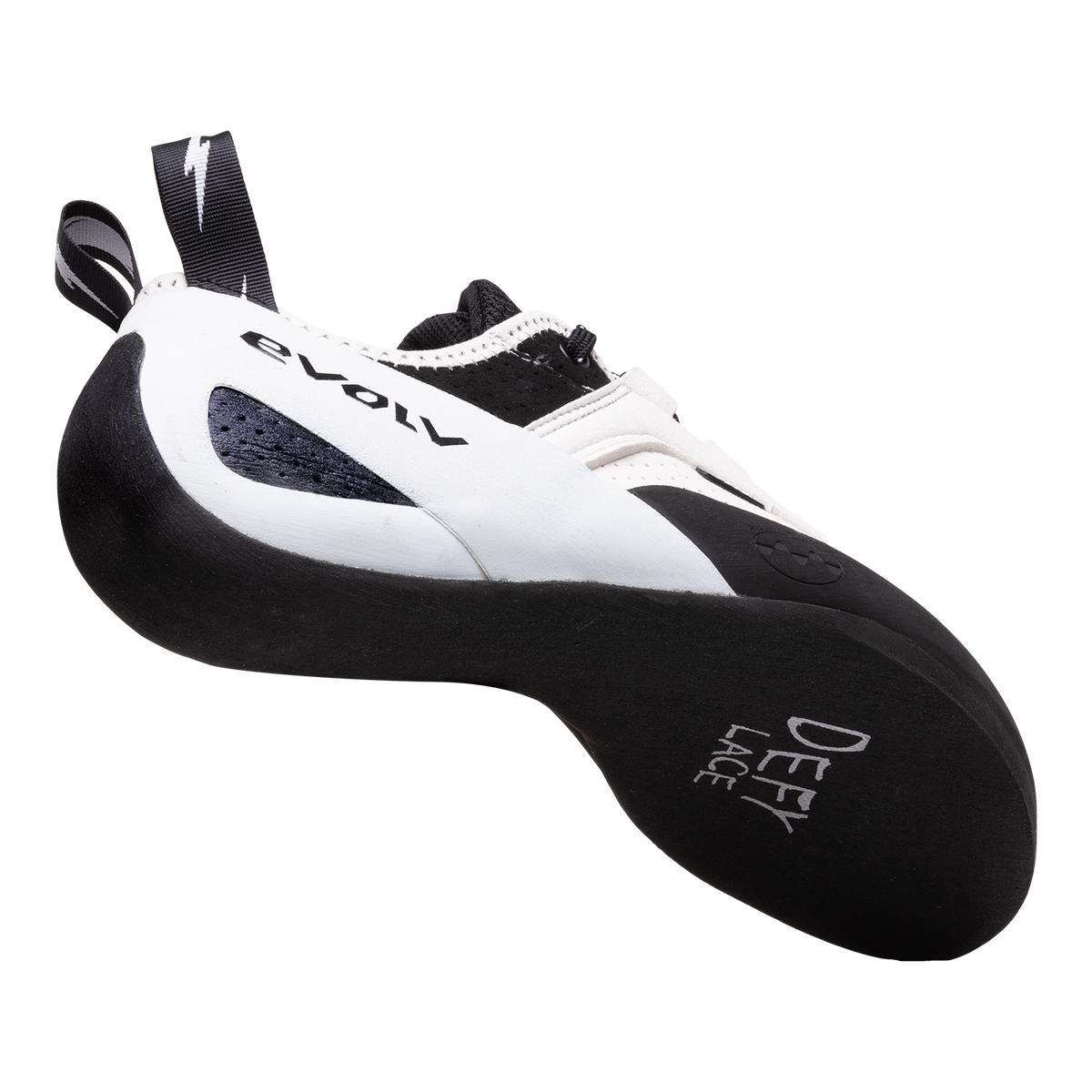 Climbing shoes with lace-up closure, white and black upper, black sole with text