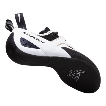 Climbing shoes with lace-up closure, white and black upper, black sole with text