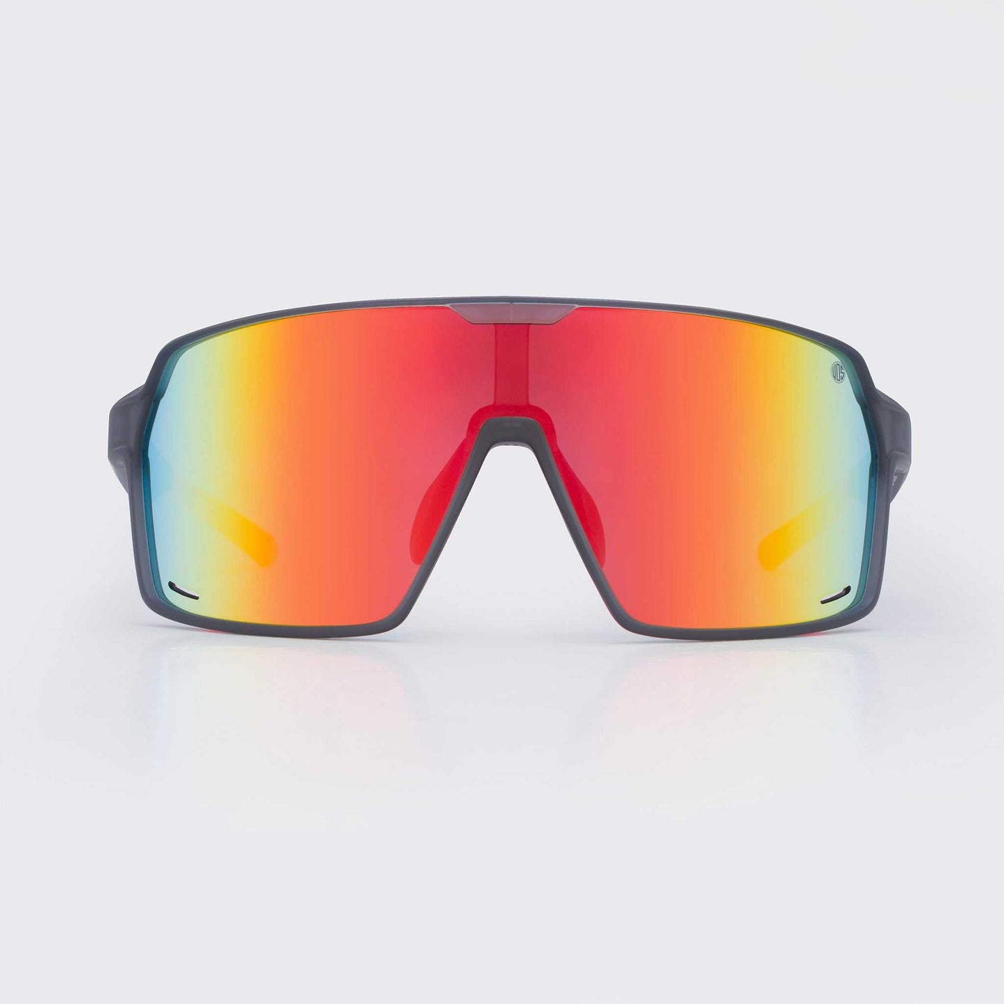 Wraparound sports sunglasses with black frame and red mirrored lens