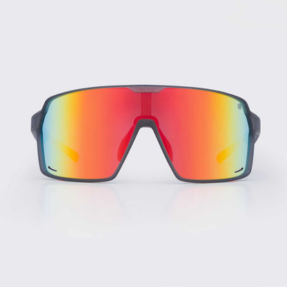 Wraparound sports sunglasses with black frame and red mirrored lens