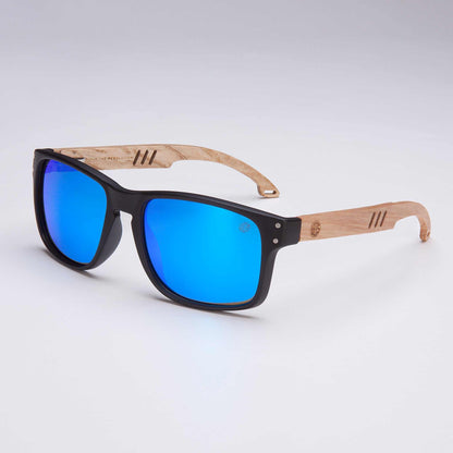 Bells Beach men's polarised sunglasses, black frame, blue mirror lenses, wood arms
