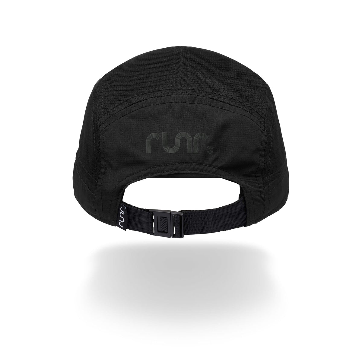 Black running cap underside view with adjustable strap and r un. logo patch