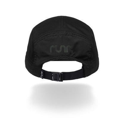 Black running cap underside view with adjustable strap and r un. logo patch