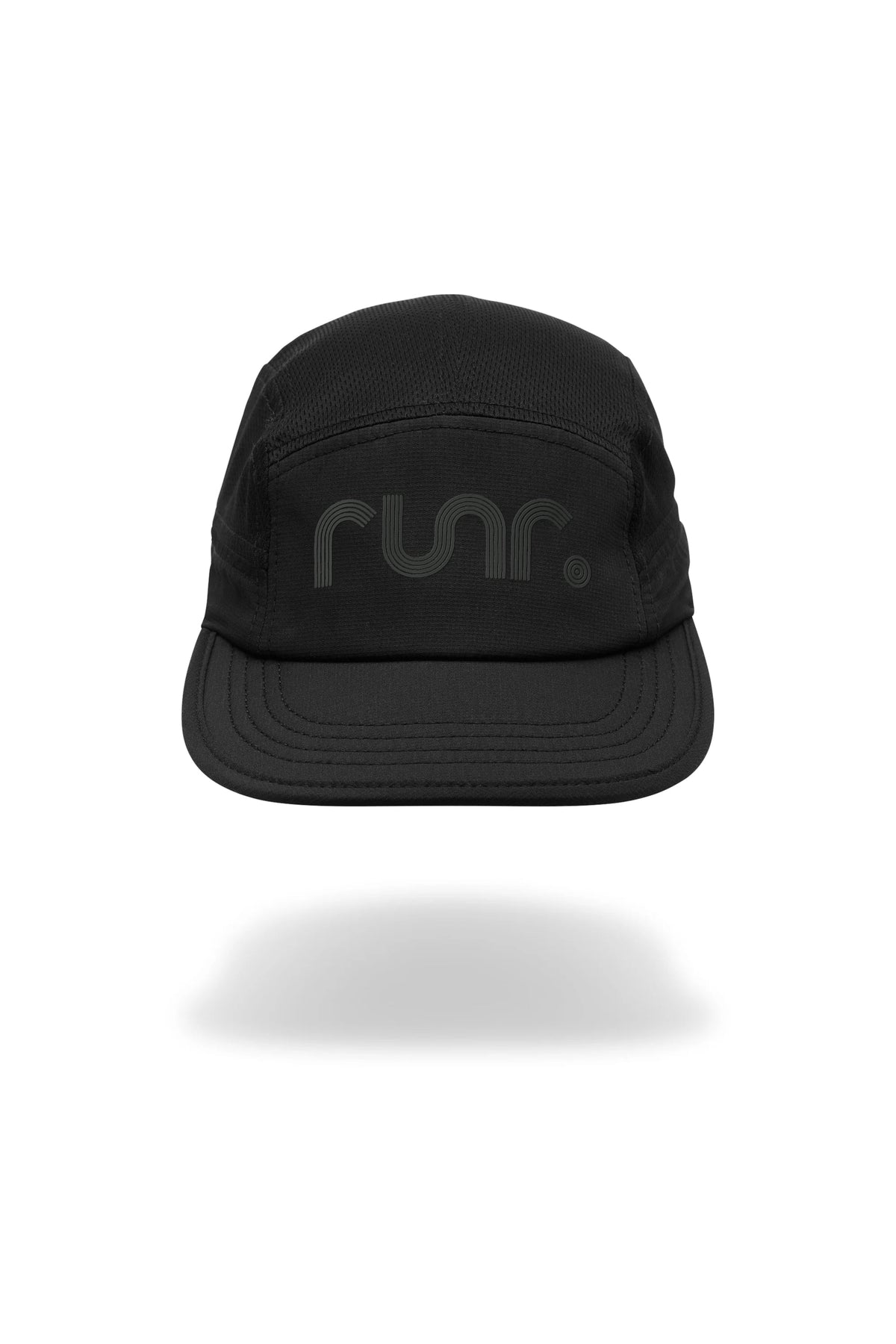 Black technical running cap with curved brim and r un. logo front panel