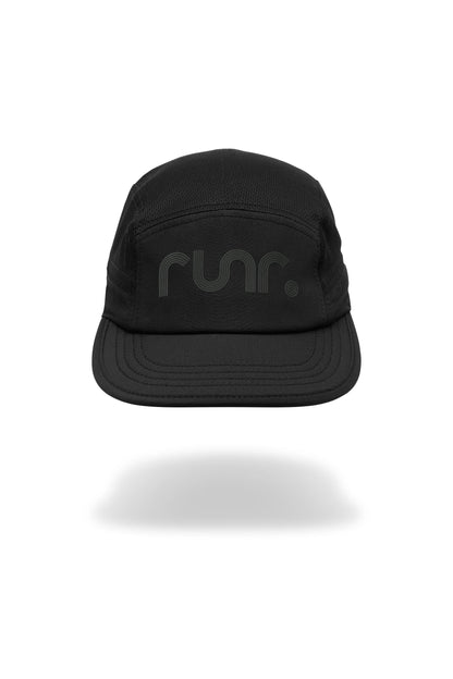 Black technical running cap with curved brim and r un. logo front panel