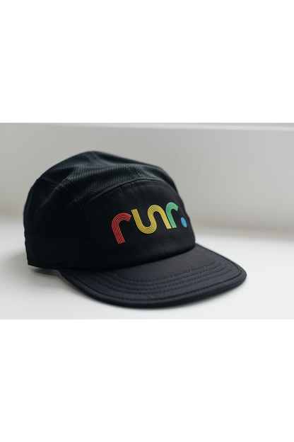 Black running cap with multicolor "run" logo, side angle
