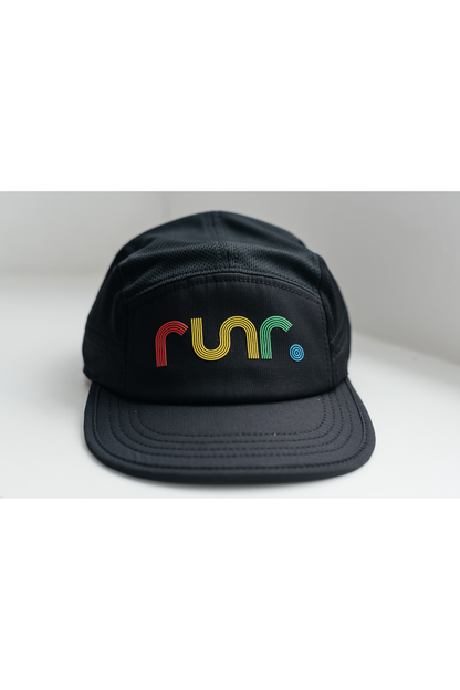 Black technical running cap with multicolor "run" logo centered on front