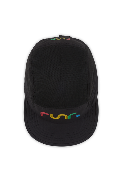 Black running cap with multicolor "run" logo on side