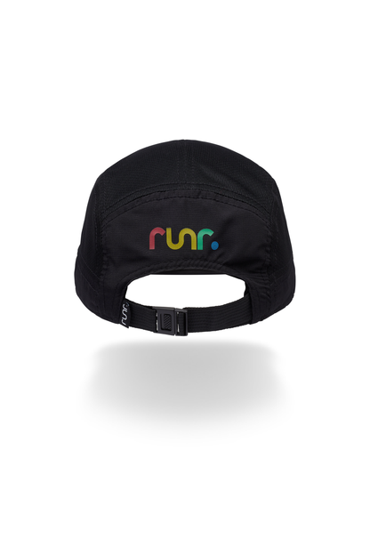 Black technical running cap with rear closure strap and "run" logo