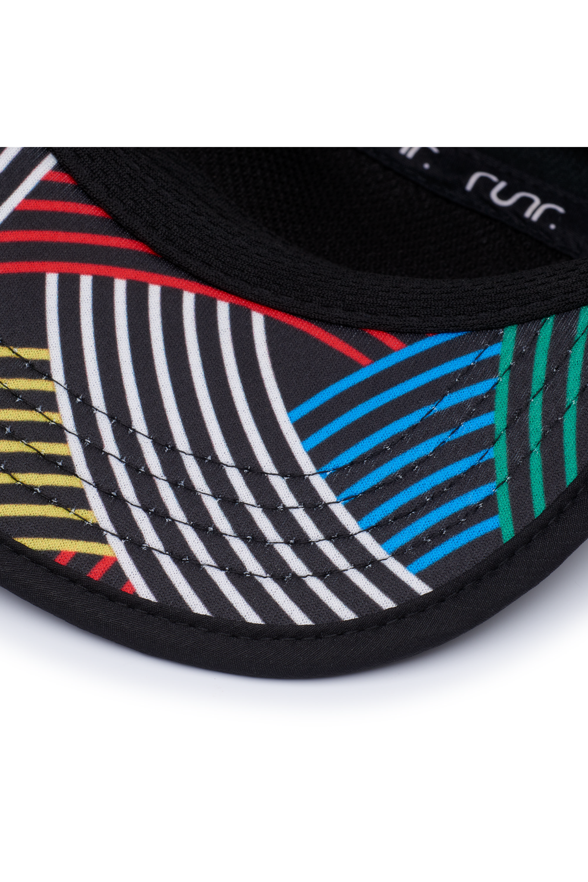 Close-up of black running cap brim with multicolor striped trim