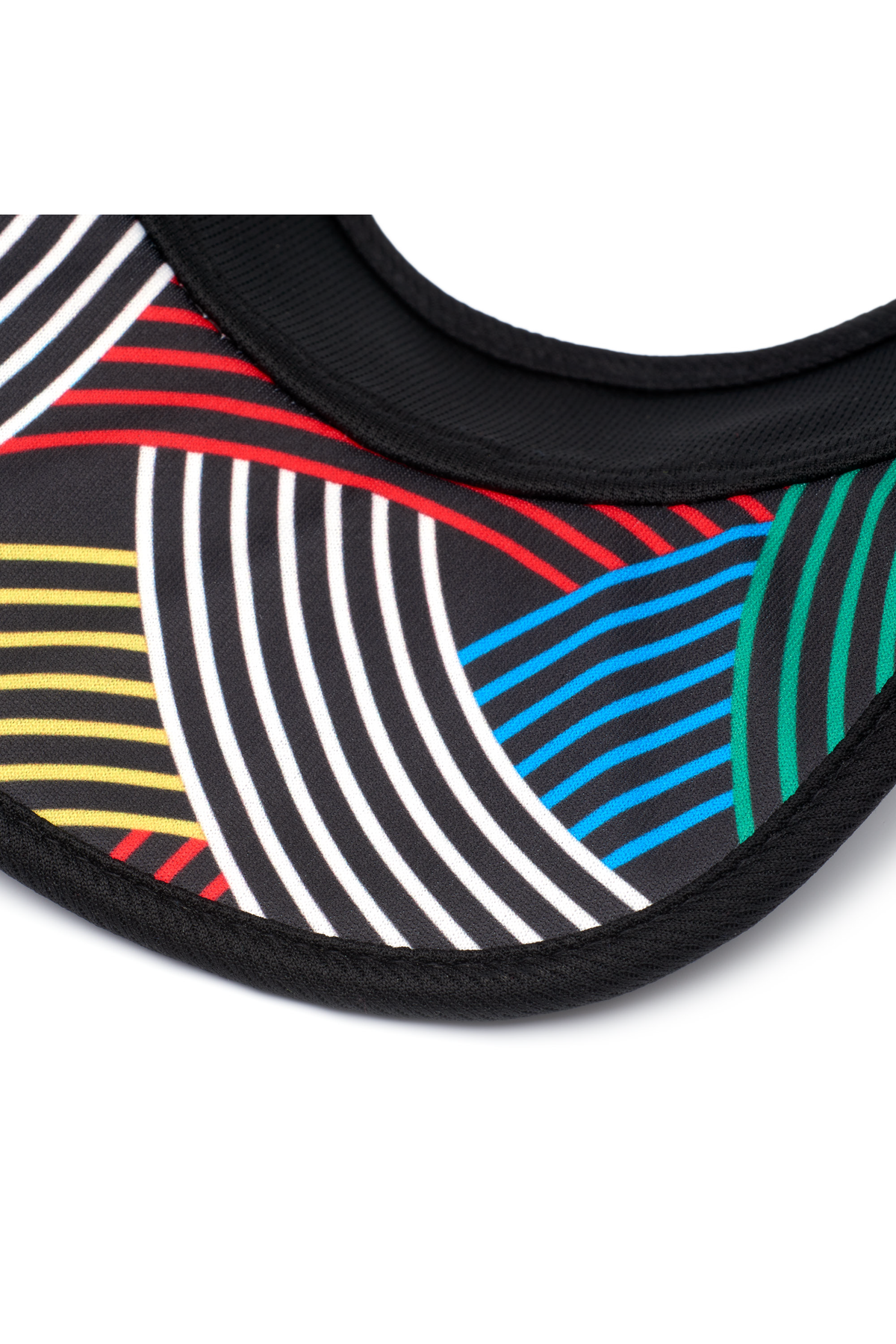 Black visor underside with multicolor striped trim along curved brim edge