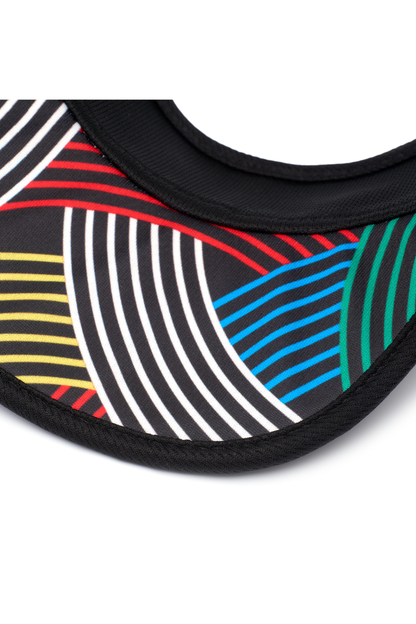 Black visor underside with multicolor striped trim along curved brim edge