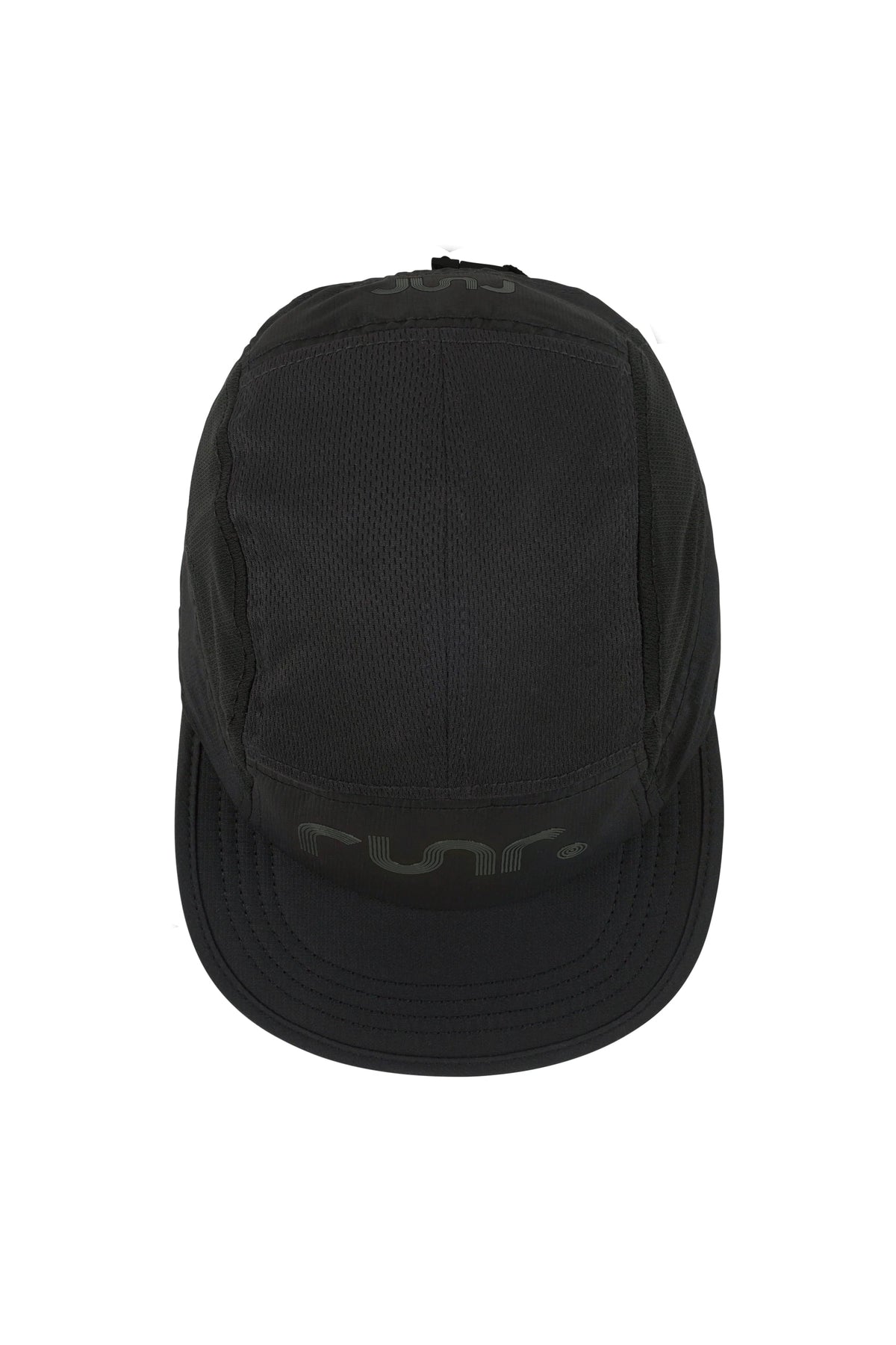 Black technical running cap with r un. logo patch on the front