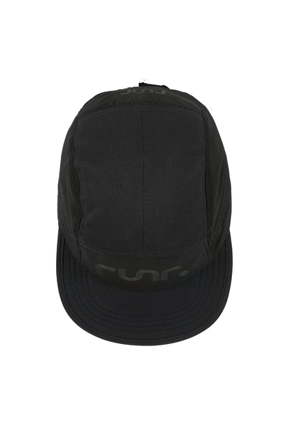 Black technical running cap with r un. logo patch on the front