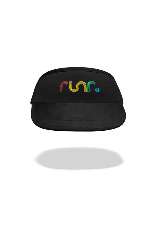 Black technical running visor with colorful RUNR logo on front