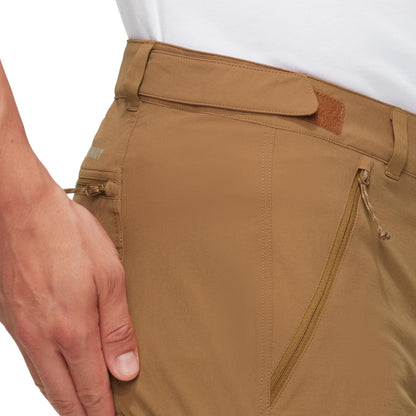 Men's trail running shorts, tan with zip fly and secure side pocket