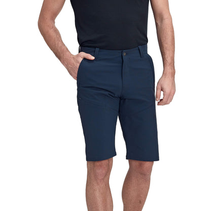 Men's trail running shorts, turquoise blue on model with knee-length hem and belt loops