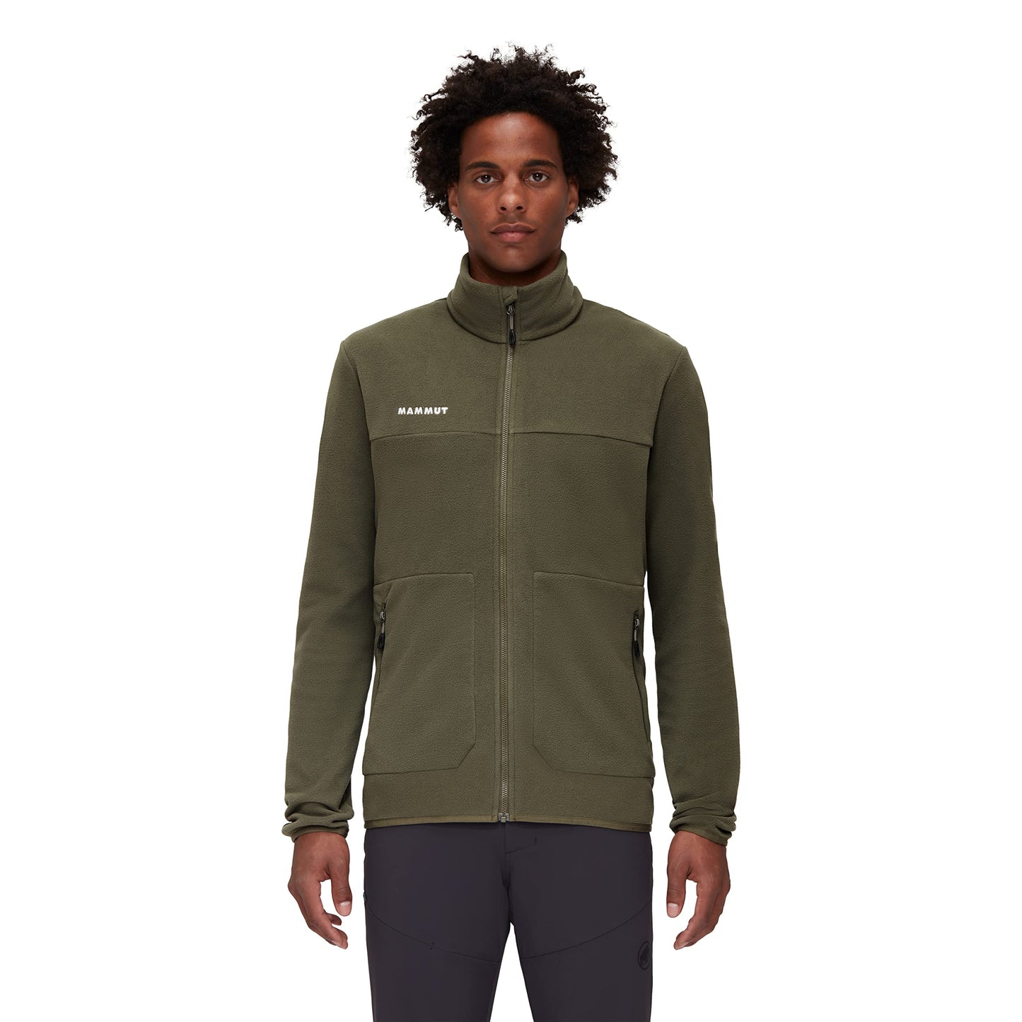Men's light fleece jacket in dark olive, full-zip with stand collar and zip pockets