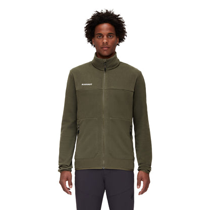 Men's light fleece jacket in dark olive, full-zip with stand collar and zip pockets