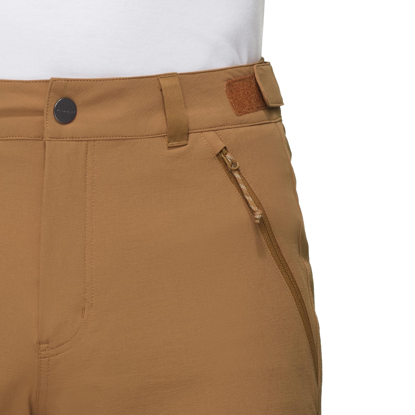 Men's trail running shorts, tan with belt loops and side zip pocket