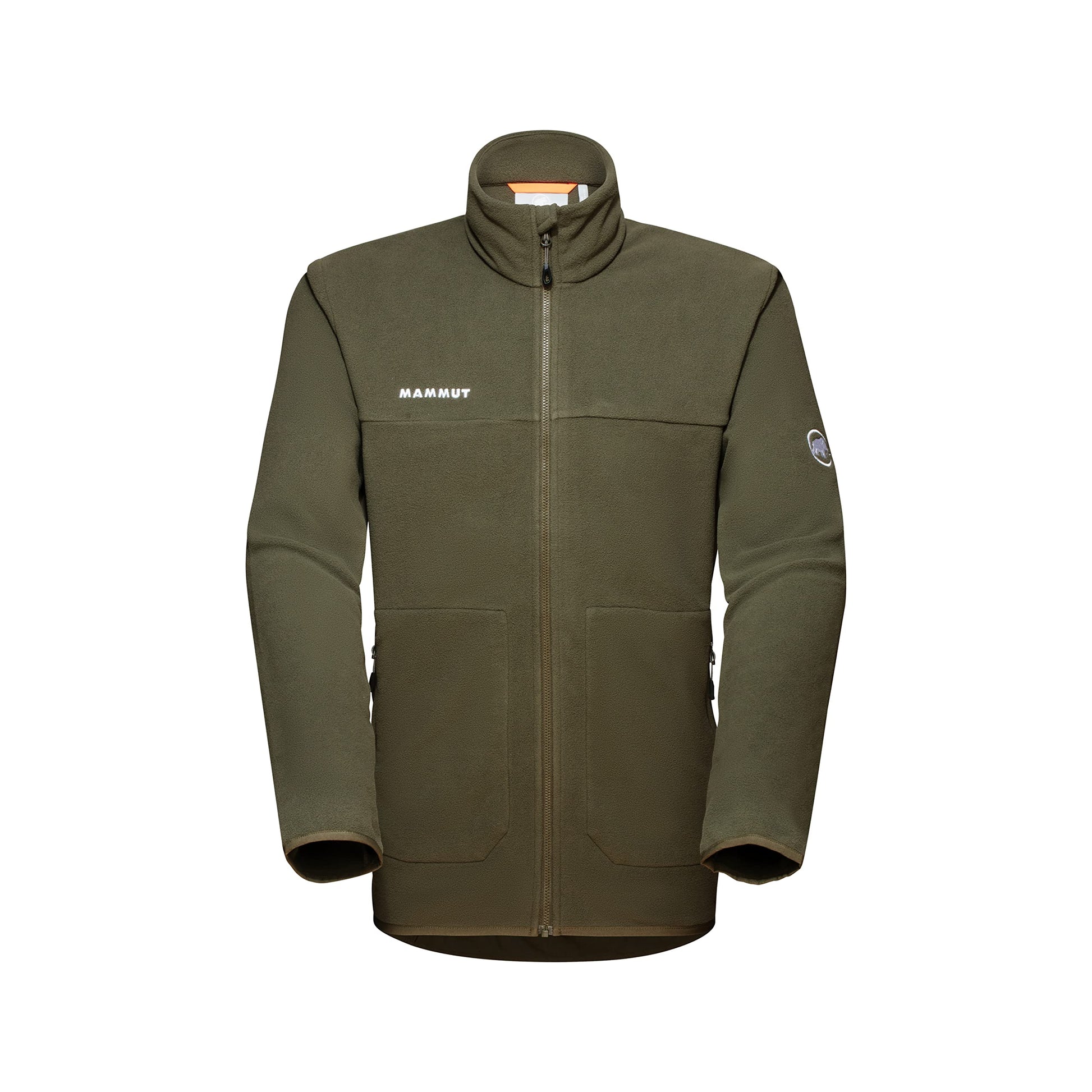 Men's zip-up fleece jacket in dark olive with stand collar and front zipper.