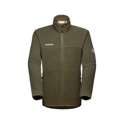 Men's zip-up fleece jacket in dark olive with stand collar and front zipper.