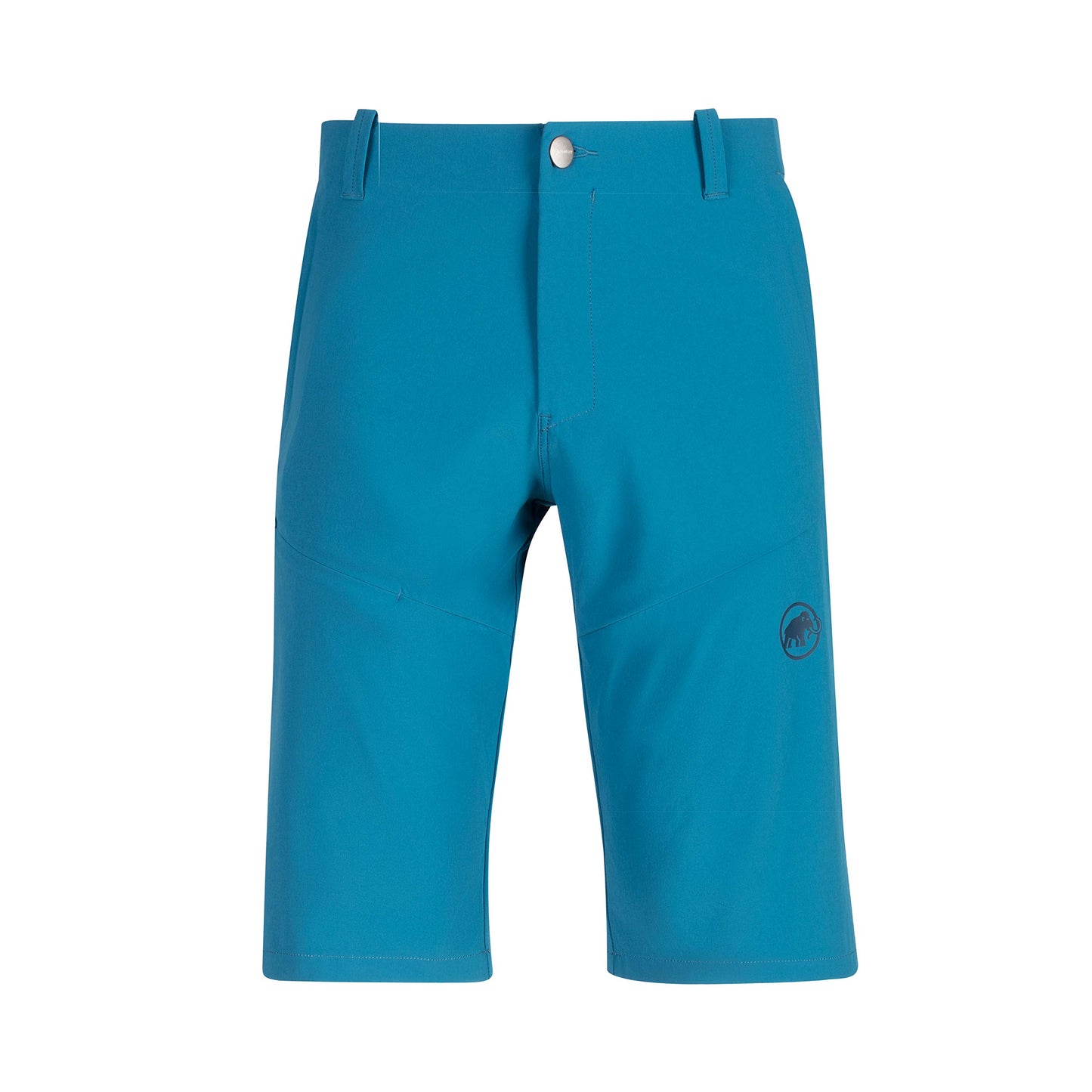 Men's trail running shorts in bright blue, front view with drawstring and side logo
