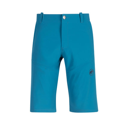 Men's trail running shorts, turquoise blue with button waistband and logo patch