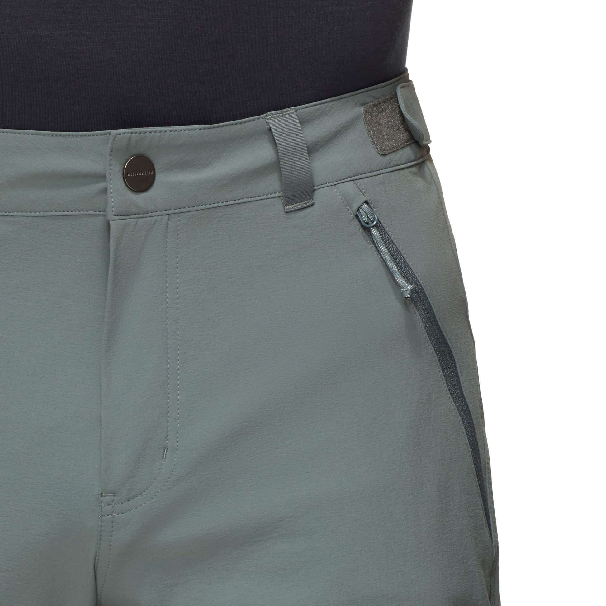 Light gray trail running shorts close-up, snap button waistband and side zipper