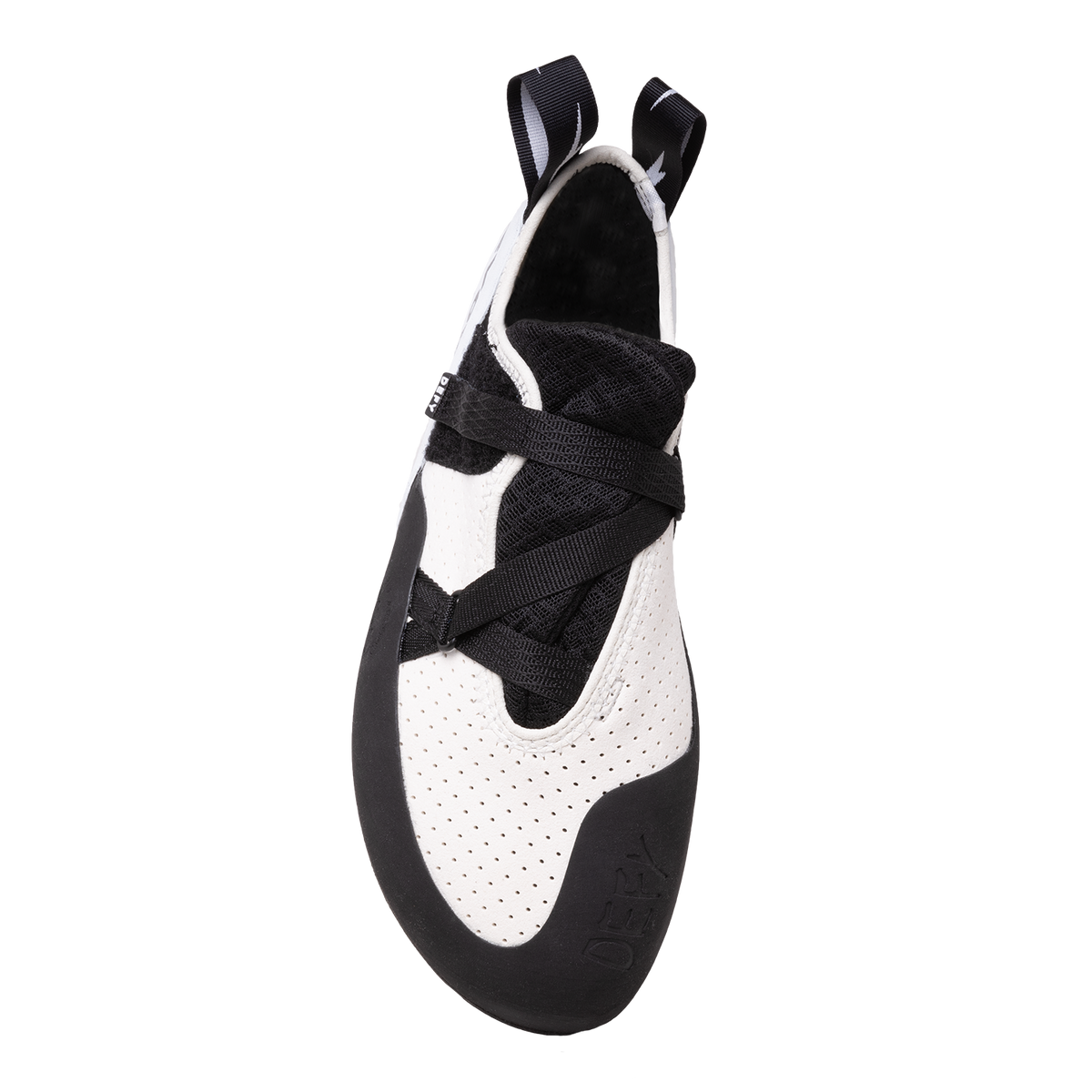 Evolv Defy climbing shoes, front-side view with hook-and-loop strap and textured white