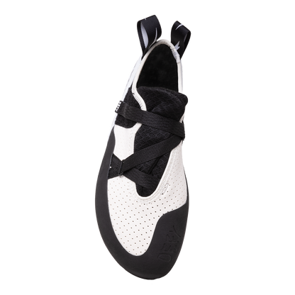 Evolv Defy climbing shoes, front-side view with hook-and-loop strap and textured white