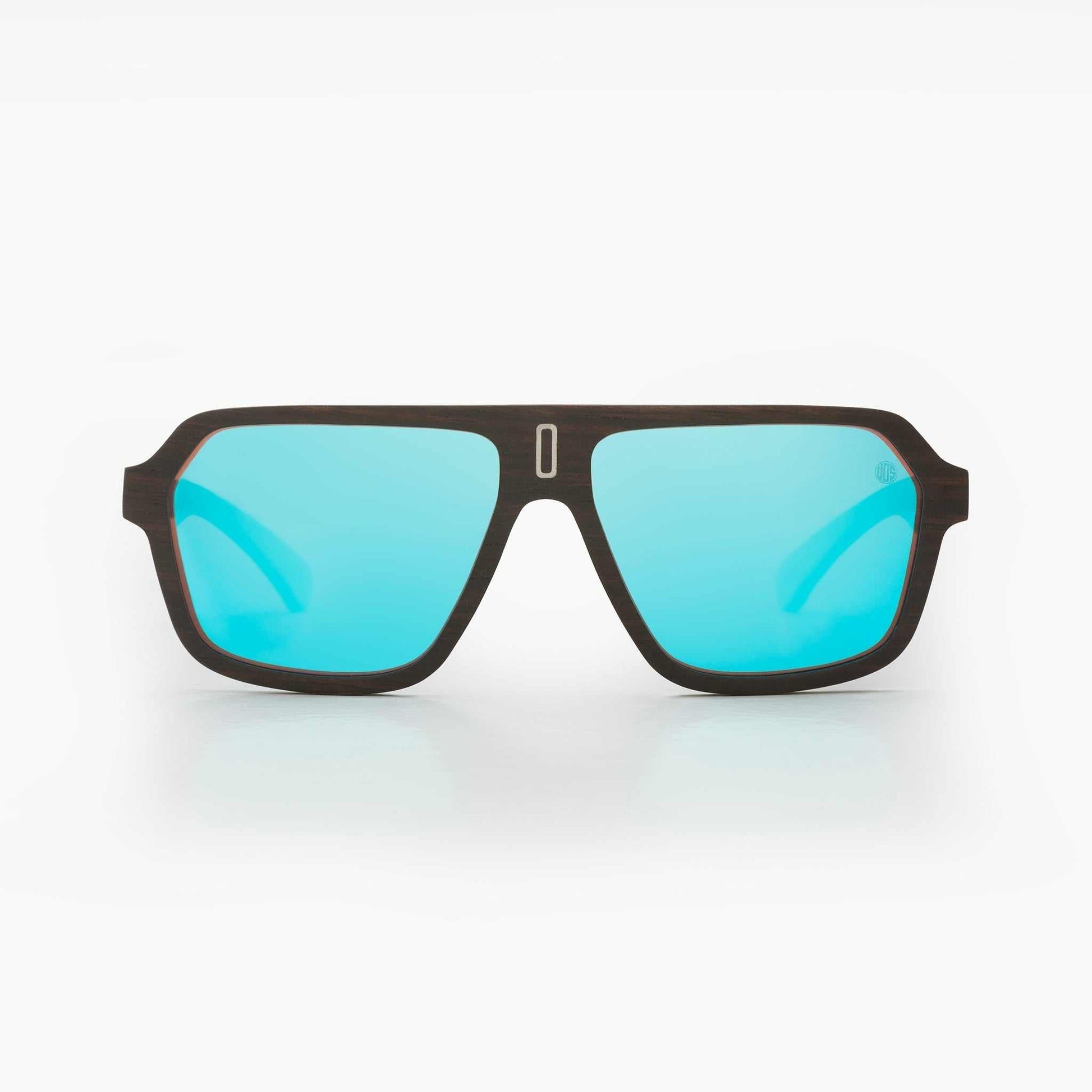 Mavericks sunglasses with light blue mirror lenses and dark wood-style frames