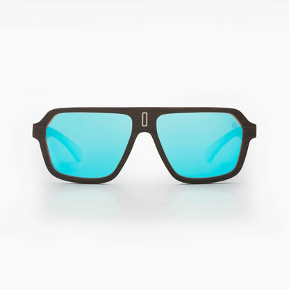 Mavericks sunglasses with light blue mirror lenses and dark wood-style frames