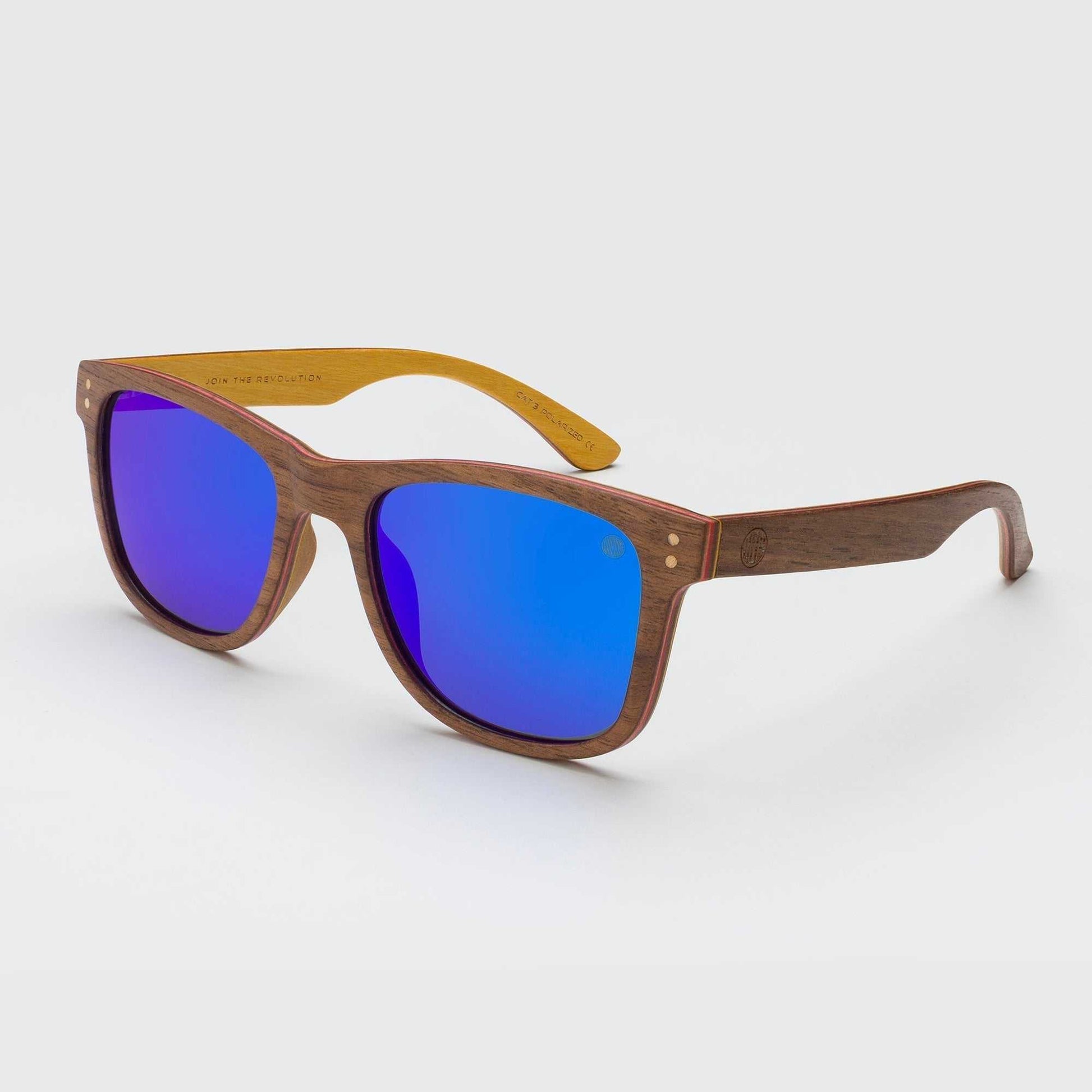 Wood-grain sunglasses with dark brown frame and blue-purple mirrored lenses