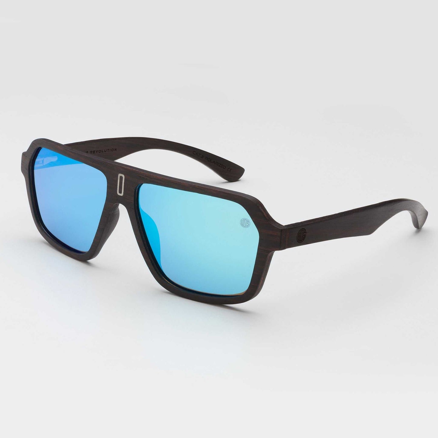 Mavericks sunglasses with blue mirror lenses and dark wood-style frames