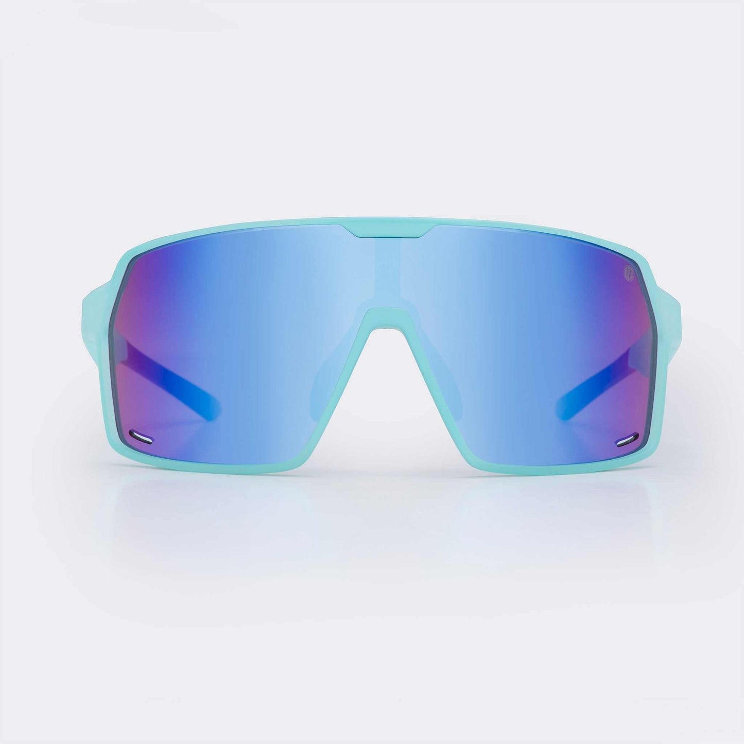 Ice blue wrap-around sports sunglasses with mirrored blue lenses