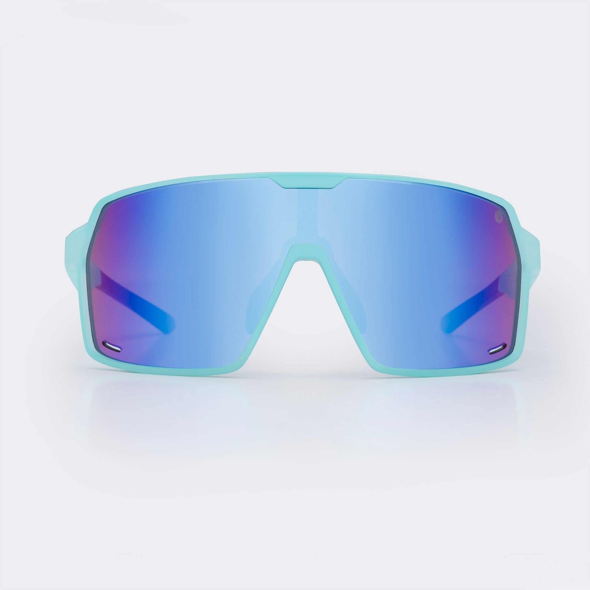 Ice blue wrap-around sports sunglasses with mirrored blue lenses