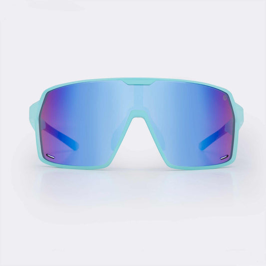 Ice blue wrap-around sports sunglasses with mirrored blue lenses
