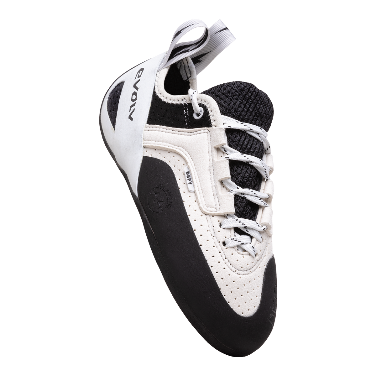 Evolv Defy Lace LV low-volume climbing shoes, white with black paneling and lace-up closure