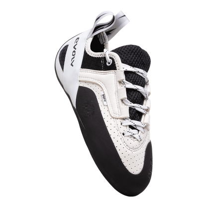 Evolv Defy Lace LV low-volume climbing shoes, white with black paneling and lace-up closure