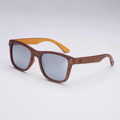 Wood-grain rectangular sunglasses with dark brown frame and gray mirrored lenses