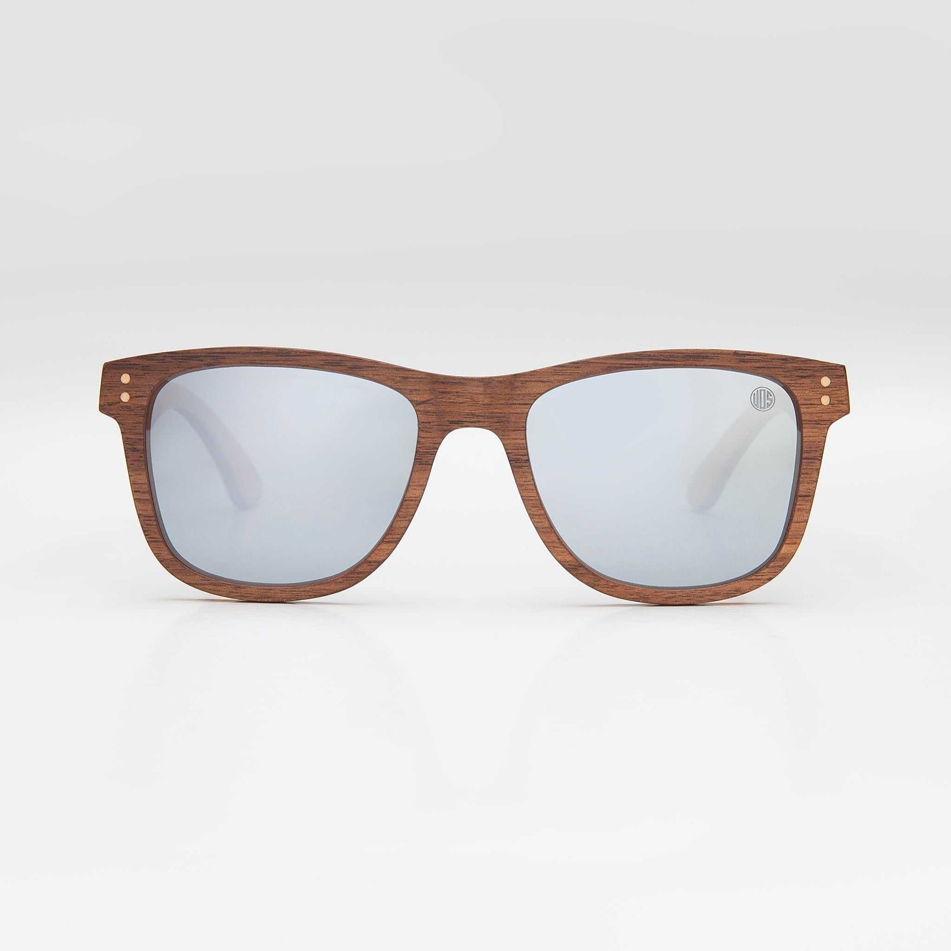 Wood-look sunglasses with clear gray lenses and brown frame