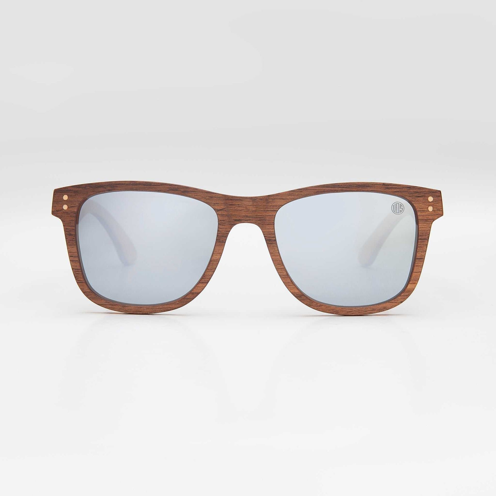 Wood-grain square sunglasses with dark brown frame and cool gray mirrored lenses