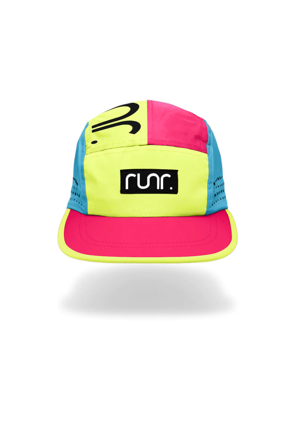 Technical running hat front view in neon yellow, pink and blue with RUN logo