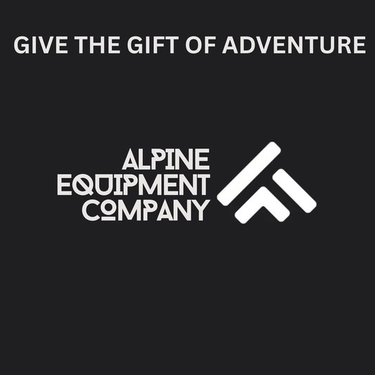 Alpine Equipment Company logo with text 'Give the Gift of Adventure' on a black background