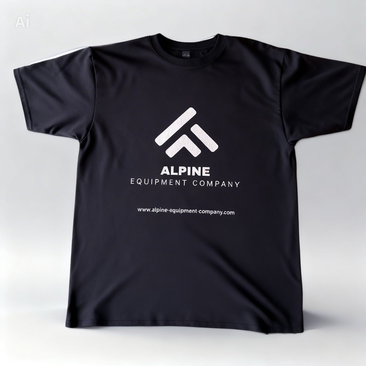 Black t-shirt with Alpine Equipment Company logo on a white background
