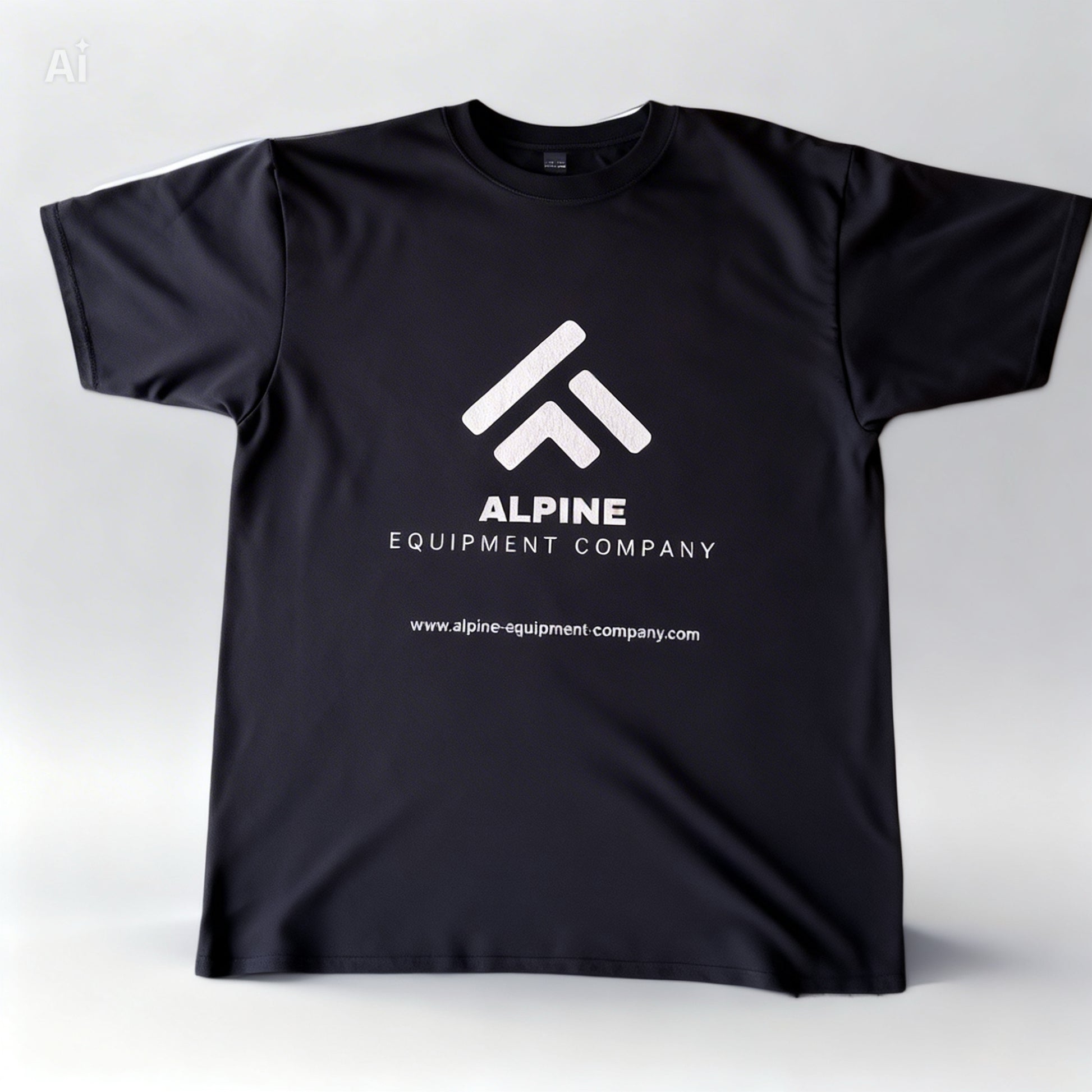 Black t-shirt with Alpine Equipment Company logo on a white background