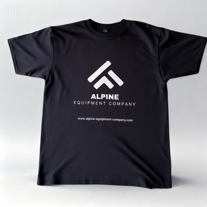Black t-shirt with Alpine Equipment Company logo on a white background